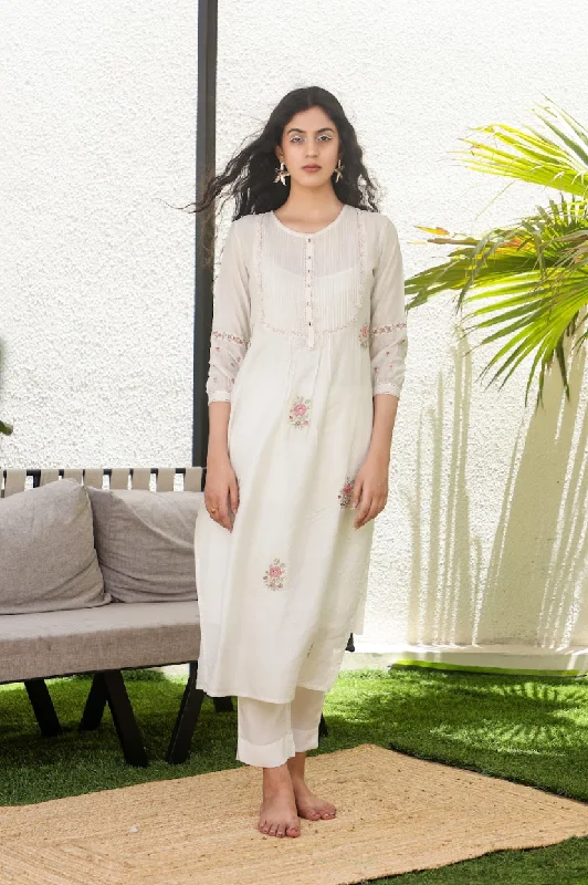 Mermaid - Style Women Dress with a Fitted Silhouette for Special Occasions Mermaid - Style Women Dress with a Fitted Silhouette for Special Occasions Ivory Embroidered Chanderi Pintuck Kurta with Viscose Silk Slip Mermaid - Style Women Dress with a Fitted Silhouette for Special Occasions Mermaid - Style Women Dress with a Fitted Silhouette for Special Occasions Ivory Embroidered Chanderi Pintuck Kurta with Viscose Silk Slip