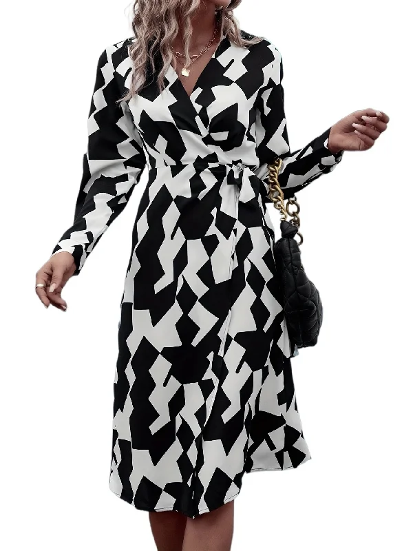 Little Black Women Dress with Sequins for a Glamorous Night Out Little Black Women Dress with Sequins for a Glamorous Night Out Sixsr Geo Print Wrap V Neck Dress, Elegant Long Sleeve Dress For Spring & Fall, Women's Clothing