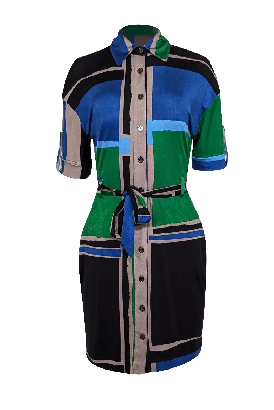 Printed Abstract Women Dress for a Modern and Artistic Appeal Printed Abstract Women Dress for a Modern and Artistic Appeal Tory Burch - Black, Blue, Green, & Taupe Color Block Collared Cropped Sleeve Dress Sz XS