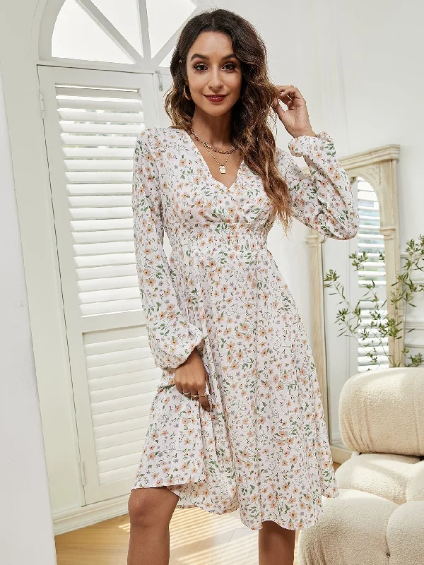 Maxi dresses with fringe trim for a bohemian vibeKittenAlarm - Women V Neck Elastic Waist Floral Print Long Sleeve Maxi Dress