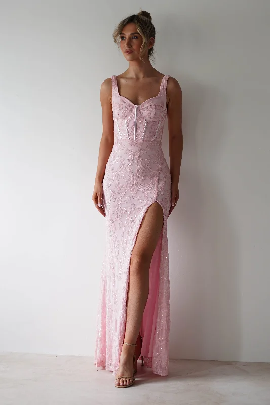 Satin maxi dresses with a high - low hem for a modern twistAria Floral Sequin Embellished Gown | Pink