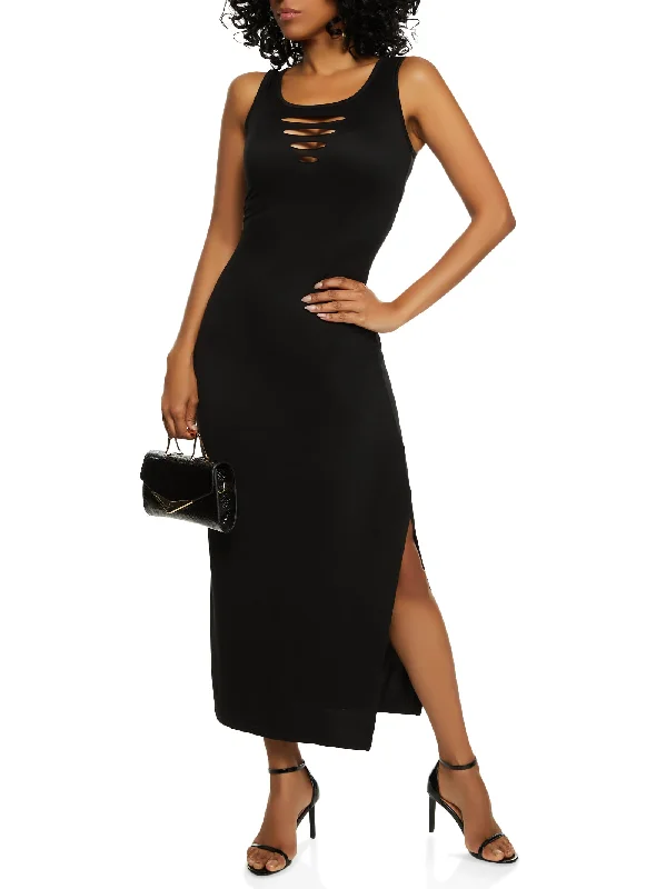 Strapless maxi dresses for a beachside vacationLaser Cut Front Side Slit Tank Maxi Dress