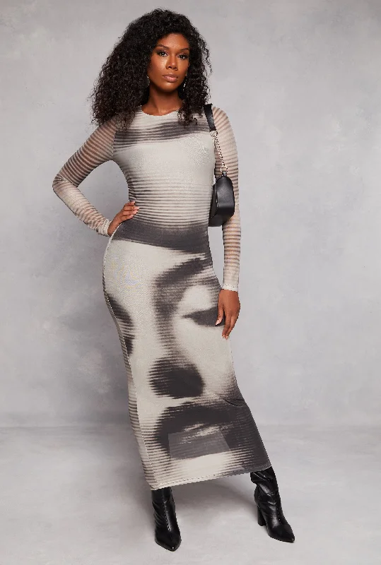 Maxi dresses with a ruched bodice for a more form - fitting and feminine shapeAlmost Famous Mesh Striped Face Graphic Maxi Dress