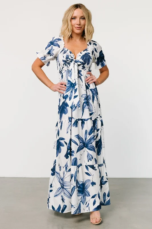 Maxi dresses with cold - shoulder cutouts for a trendy lookHilaria Maxi Dress | White + Blue