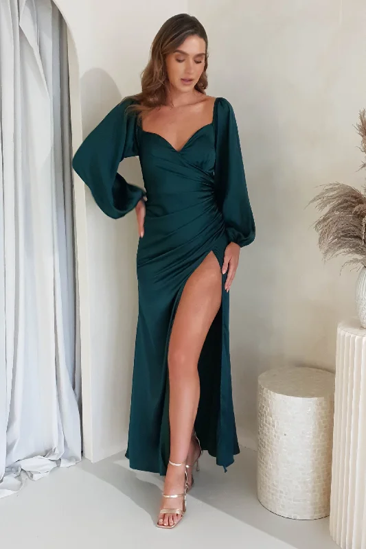 Maxi dresses with side slits for a touch of allureJaela Soft Satin Long Sleeve Maxi Gown | Emerald Green