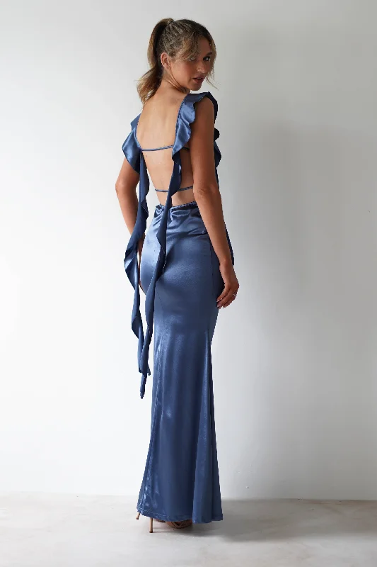 Maxi dresses with a wrap - around style for a customizable fitMabel Satin Bodycon Maxi Dress | Blue