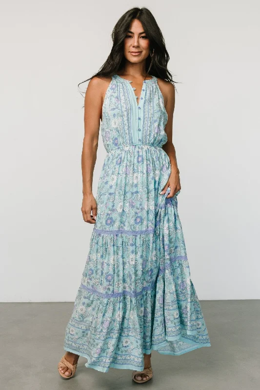 Maxi dresses with a belted empire waist for a more defined and flattering silhouetteMeline Button Front Maxi Dress | Light Blue Multi