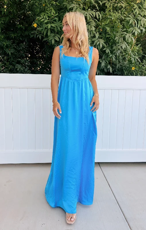 Maxi dresses with an empire waist for a flattering fit on all body typesNina Maxi Dress ~ Azure Blue Luxe Satin