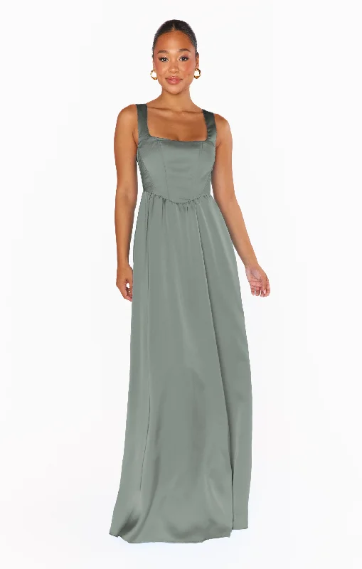 Maxi dresses with mesh panels for a sexy and trendy appearanceNina Maxi Dress ~ Deep Sage Luxe Satin
