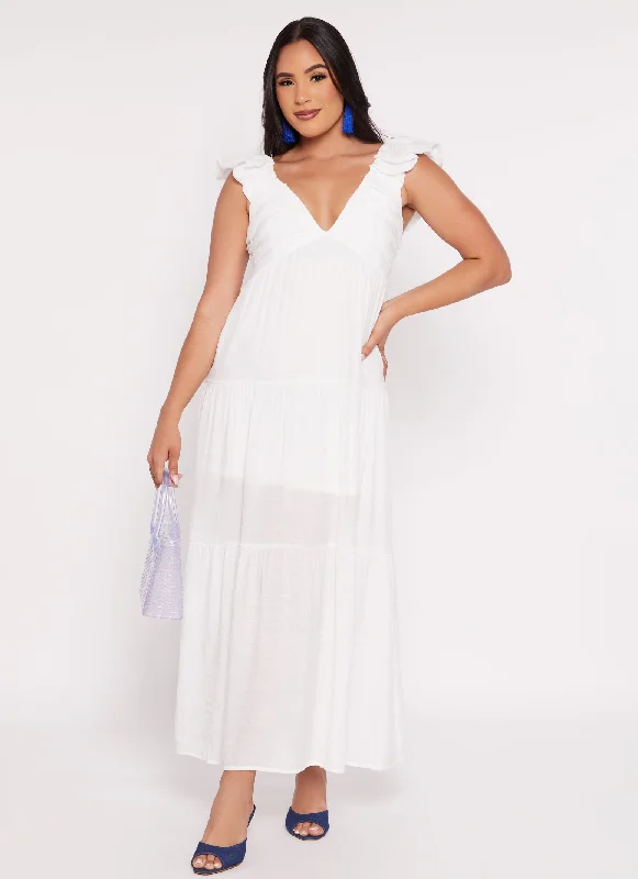 Ruched V Neck Tiered Maxi Dress