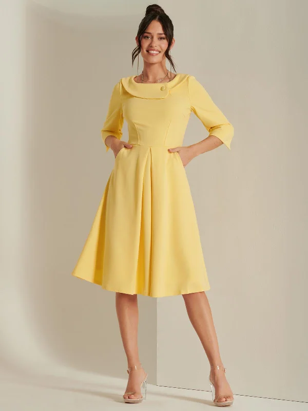 Midi dresses with asymmetric hems for a fashion - forward and dynamic appearance3/4 Sleeve Fold Neck Midi Dress, Light Yellow Midi dresses with asymmetric hems for a fashion - forward and dynamic appearance3/4 Sleeve Fold Neck Midi Dress, Light Yellow
