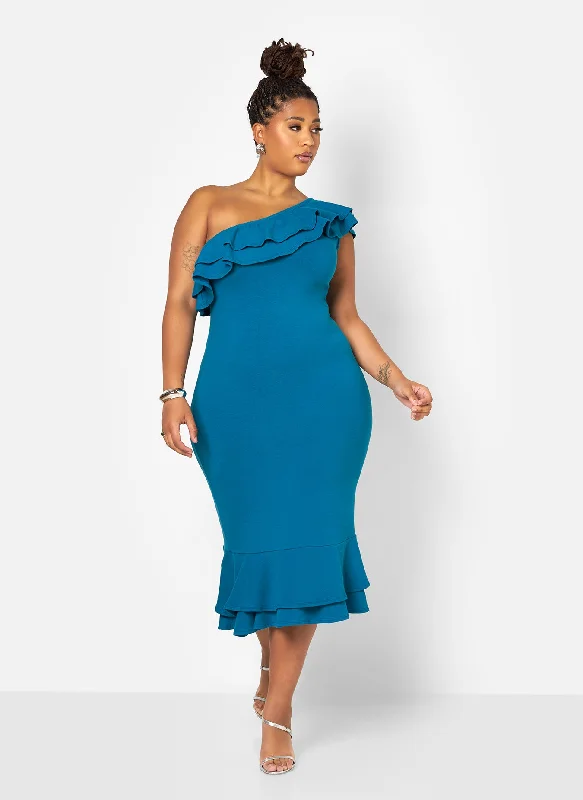 Midi dresses with denim fabric for a casual yet stylish day outAva Cotton Ruffle Bodycon Midi Dress Midi dresses with denim fabric for a casual yet stylish day outAva Cotton Ruffle Bodycon Midi Dress