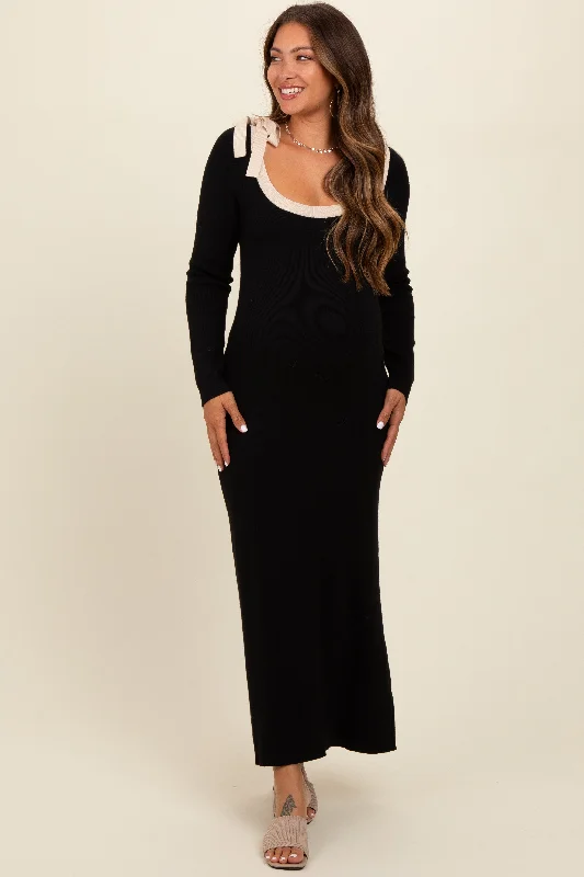 Midi dresses with pleated skirts for a timeless and elegant appealBlack Shoulder Bow Detail Maternity Maxi Sweater Dress