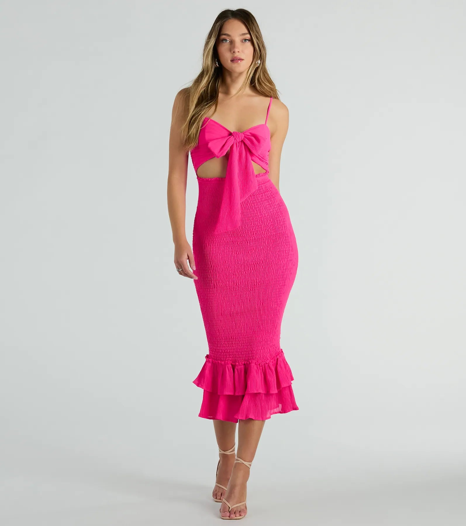 Midi dresses with embroidered accents for a unique and detailed designBold Babe Cutout Ruffle Hem Chiffon Midi Dress