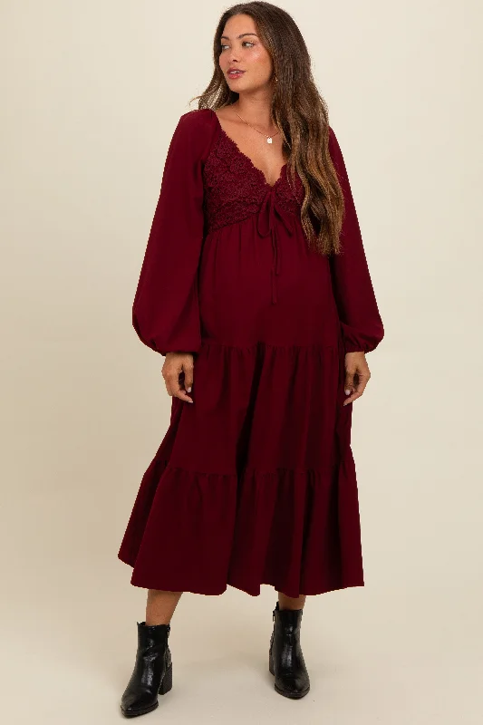 Midi dresses with embroidered accents for a unique and detailed designBurgundy Contrast Lace Bodice Tiered Maternity Midi Dress Midi dresses with embroidered accents for a unique and detailed designBurgundy Contrast Lace Bodice Tiered Maternity Midi Dress