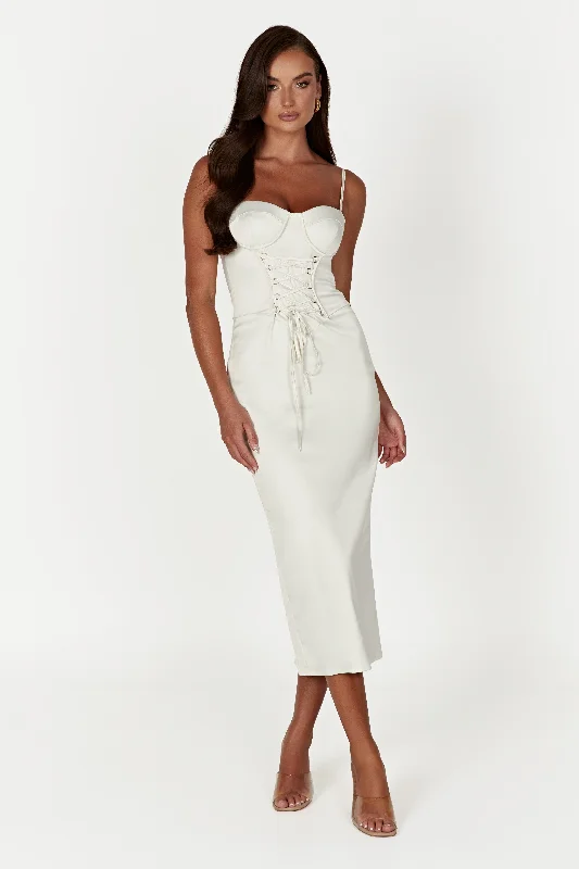 Midi dresses with belted waists to accentuate the figureCamelia Corset Midi Dress - Ivory Midi dresses with belted waists to accentuate the figureCamelia Corset Midi Dress - Ivory