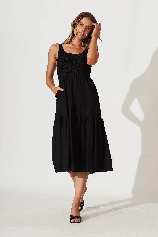 Maxi - inspired midi dresses with flowing fabrics for a beachy vibeCaribbean Midi Dress In Black Cotton Linen Maxi - inspired midi dresses with flowing fabrics for a beachy vibeCaribbean Midi Dress In Black Cotton Linen