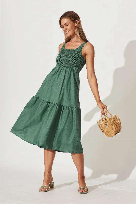 Wrap - style midi dresses in silk for a sophisticated office lookCaribbean Midi Dress In Green Cotton Linen Wrap - style midi dresses in silk for a sophisticated office lookCaribbean Midi Dress In Green Cotton Linen