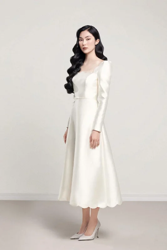 Midi dresses with ruffled hems for a romantic date nightCharlotte Fit and Flare Scallop Neck Taffeta Midi Dress