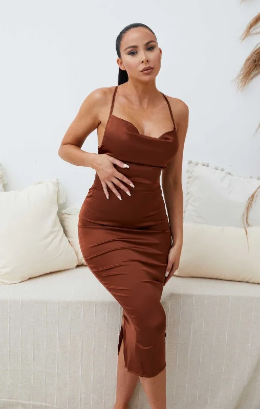 Chocolate Satin Strappy Tie Detail Bodycon Midi Dress - Zyra