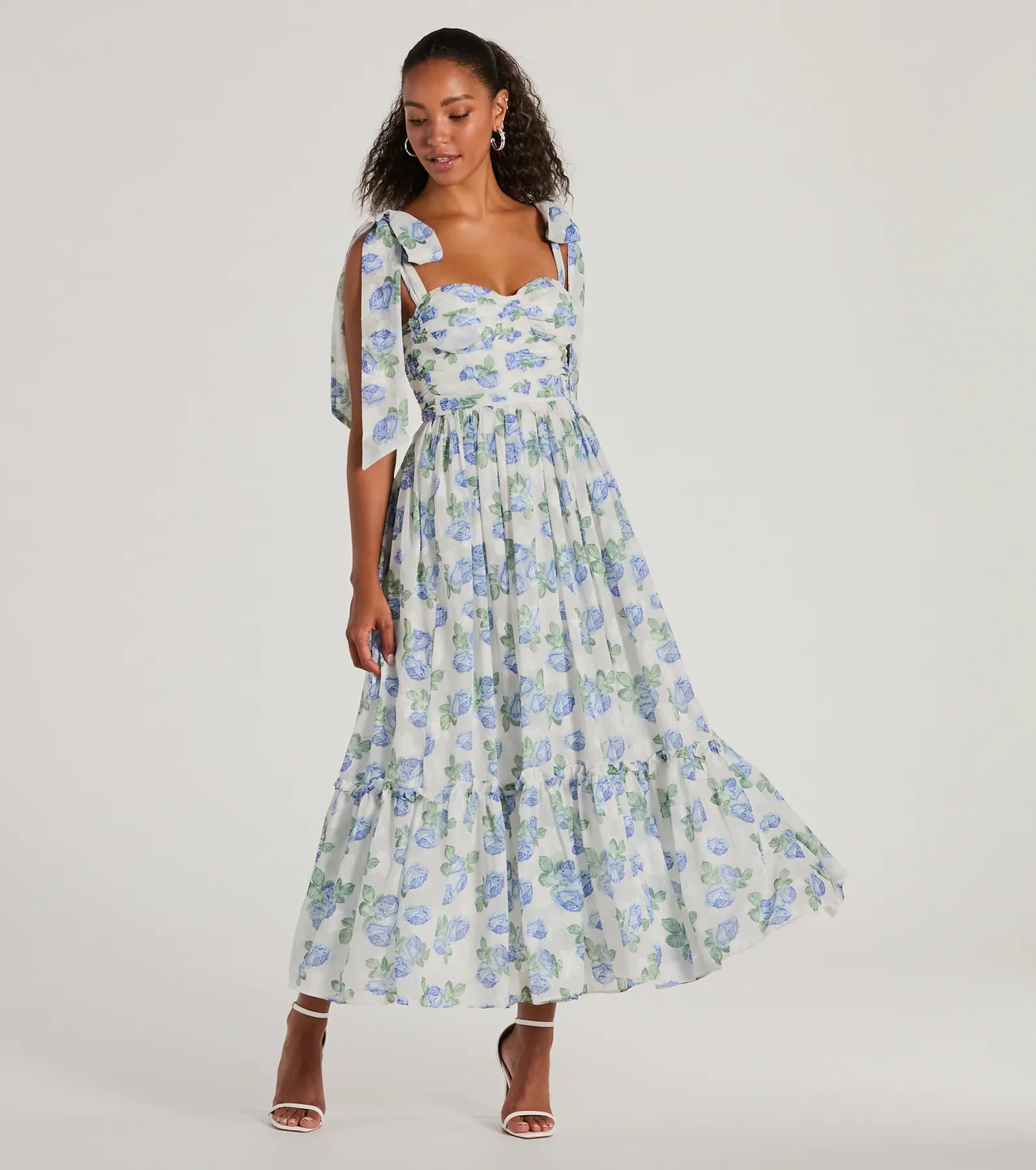 Midi dresses with button - down skirts for a unique and functional designClara Sweetheart Floral Chiffon Midi Formal Dress