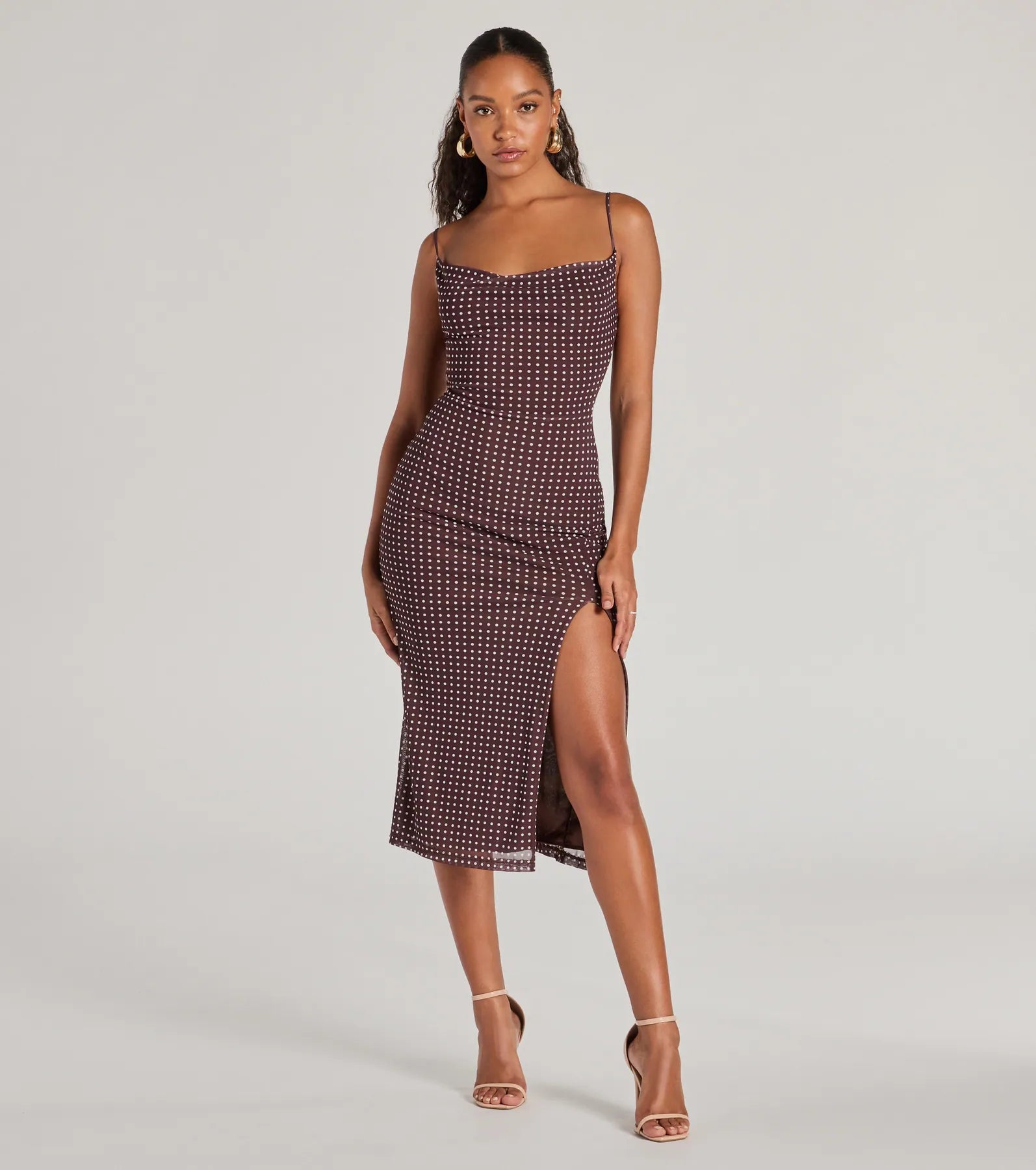 Midi dresses with pom - pom trims for a playful and festive lookClass Act Cowl Neck Polka Dot Midi Dress