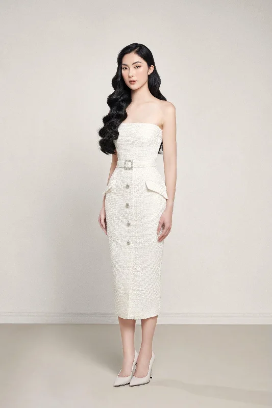 Velvet midi dresses in jewel tones for a glamorous winter eventDor Strapless Straight Across Neck Tweed Midi Dress