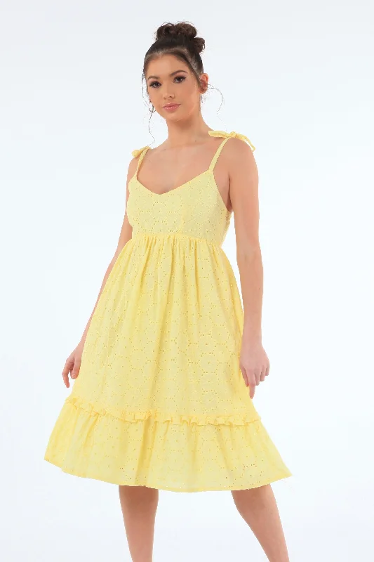 Wrap - style midi dresses in silk for a sophisticated office lookDouble Second Yellow Tie Strap Broiderie Dress