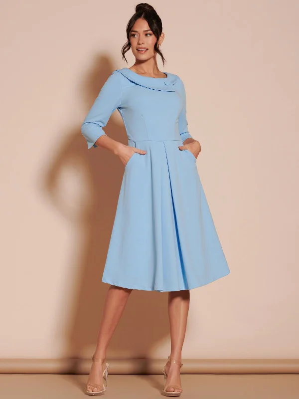 Wrap - style midi dresses in silk for a sophisticated office lookFold Neckline Sleeved Midi Dress, Light Blue