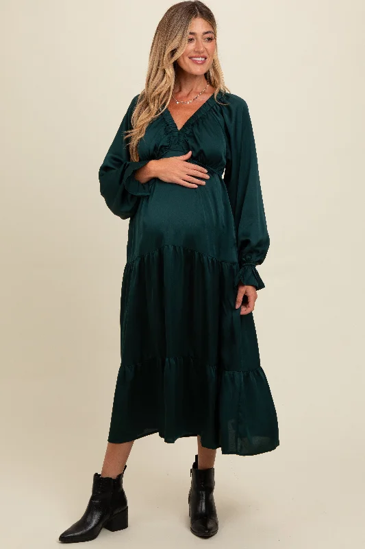 Midi dresses with ruffled sleeves for a more feminine and voluminous lookForest Green Satin V-Neck Tiered Maternity Maxi Dress Midi dresses with ruffled sleeves for a more feminine and voluminous lookForest Green Satin V-Neck Tiered Maternity Maxi Dress