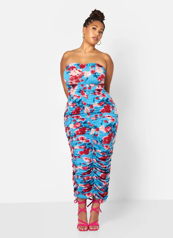 Midi dresses with denim fabric for a casual yet stylish day outGianna Floral Ruched Bodycon Maxi Dress