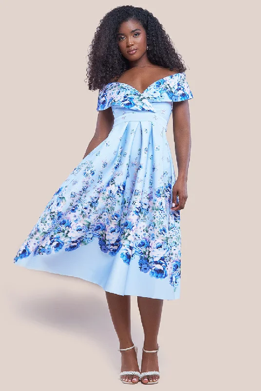 Midi dresses with satin - finish fabrics for a luxurious feelGoddiva Bardot Floral Print A-Line Scuba Foam Midi Dress - Blue Midi dresses with satin - finish fabrics for a luxurious feelGoddiva Bardot Floral Print A-Line Scuba Foam Midi Dress - Blue