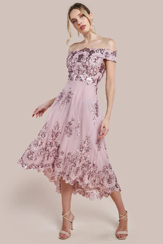 Midi dresses with satin - finish fabrics for a luxurious feelGoddiva Bardot Sequin & Lace High Low Midi - Blush