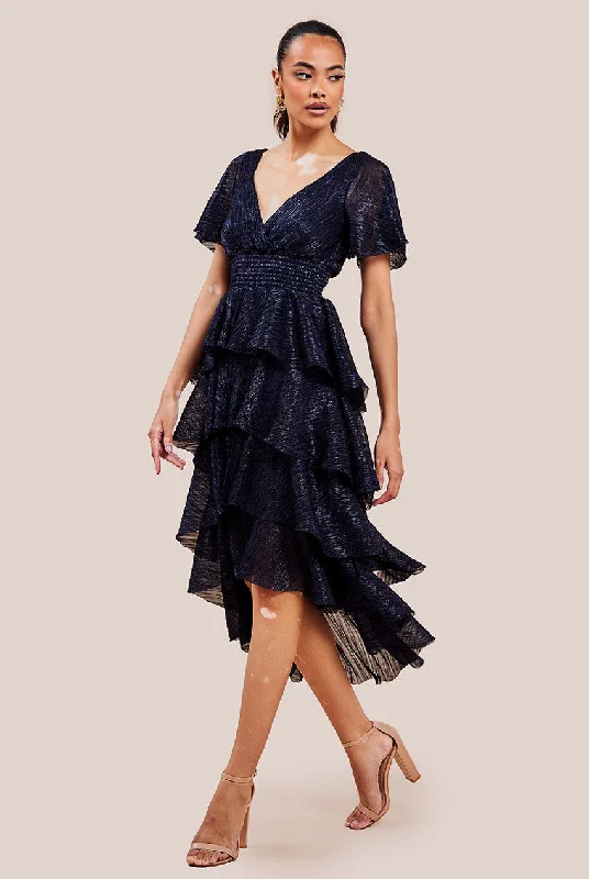 Midi dresses with ruched sleeves for a more fitted and stylish arm lookGoddiva Crinkle Lurex High Low Layered Midi Dress - Navy Midi dresses with ruched sleeves for a more fitted and stylish arm lookGoddiva Crinkle Lurex High Low Layered Midi Dress - Navy