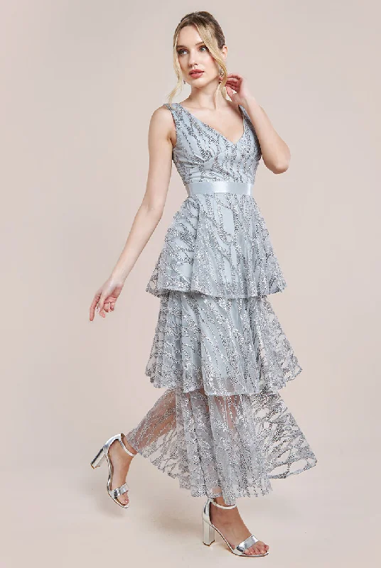 Midi dresses with asymmetric hems for a fashion - forward and dynamic appearanceGoddiva Embroidered Mesh Tiered Midi Dress - Grey Midi dresses with asymmetric hems for a fashion - forward and dynamic appearanceGoddiva Embroidered Mesh Tiered Midi Dress - Grey