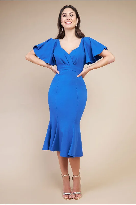 Midi dresses with bow accents for a sweet and charming lookGoddiva Flared Sleeve Front Wrap Midi Dress - Royal Blue Midi dresses with bow accents for a sweet and charming lookGoddiva Flared Sleeve Front Wrap Midi Dress - Royal Blue