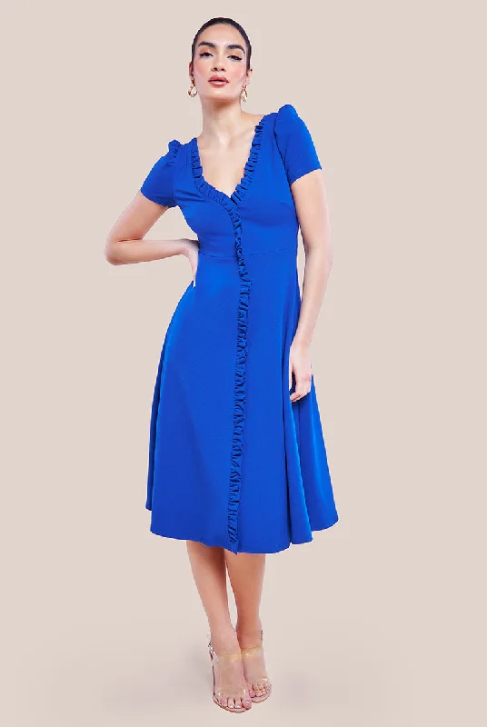 Midi dresses with halter necks for a stylish and comfortable optionGoddiva Front Frill Flared Scuba Midi Dress - Royal Blue Midi dresses with halter necks for a stylish and comfortable optionGoddiva Front Frill Flared Scuba Midi Dress - Royal Blue