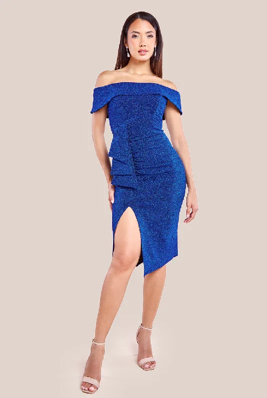Midi dresses with off - the - shoulder necklines for a flirty lookGoddiva Sparkling Bardot Midi With Waterfall Ruffle - Royal Blue Midi dresses with off - the - shoulder necklines for a flirty lookGoddiva Sparkling Bardot Midi With Waterfall Ruffle - Royal Blue