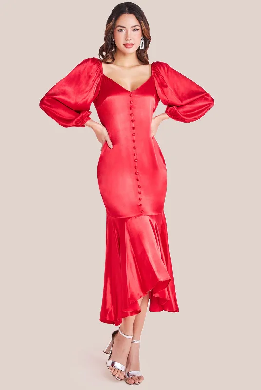Midi dresses with abstract art prints for an artistic statementGoddiva Satin Viscose Front Buttoned Dipped Hem Midaxi Dress - Red Midi dresses with abstract art prints for an artistic statementGoddiva Satin Viscose Front Buttoned Dipped Hem Midaxi Dress - Red