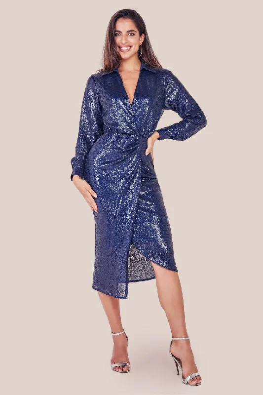 Midi dresses with tassel accents for a bohemian and free - spirited styleGoddiva Sequin Front Split Shirt Dress - Navy Midi dresses with tassel accents for a bohemian and free - spirited styleGoddiva Sequin Front Split Shirt Dress - Navy