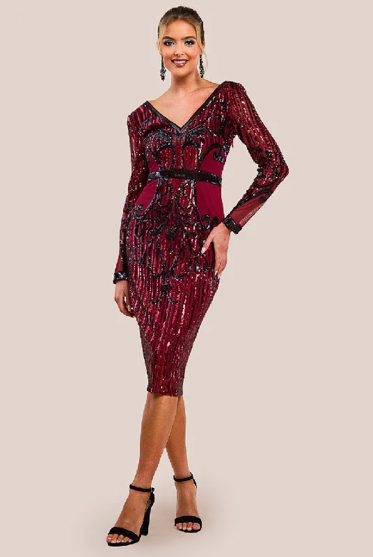 High - low midi dresses with geometric patterns for a modern partyGoddiva Sequin & Mesh Embroidered Midi Dress - Wine