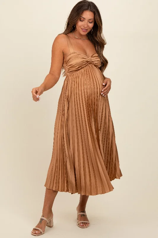 Midi dresses with empire waists for a flattering maternity optionGold Satin Pleated Sweetheart Maternity Midi Dress
