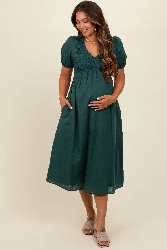 Midi dresses with ruched sleeves for a more fitted and stylish arm lookGreen Smocked V-Neck Puff Sleeve Maternity Midi Dress