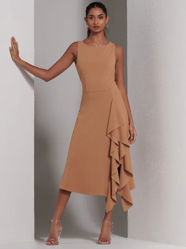 Midi dresses with abstract art prints for an artistic statementHaylen Frill Detail Midi Dress, Tan Brown Midi dresses with abstract art prints for an artistic statementHaylen Frill Detail Midi Dress, Tan Brown