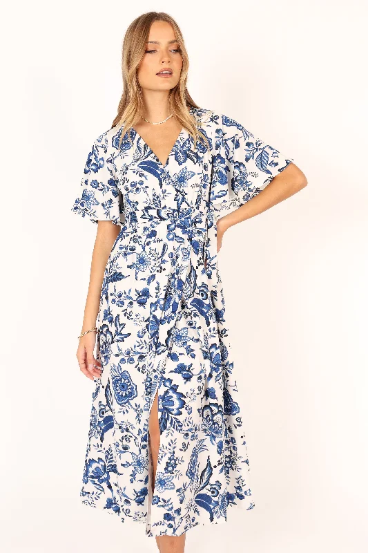 Sleeveless midi dresses with lace details for summer weddingsKaleen Midi Wrap Dress - White Blue