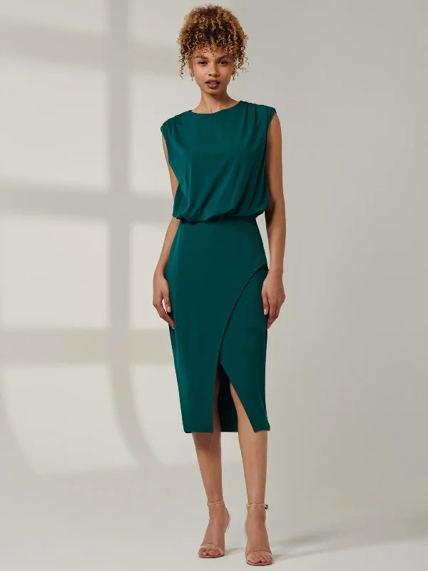 Midi dresses with abstract art prints for an artistic statementKira Tiered Draped Bodycon Dress, Green