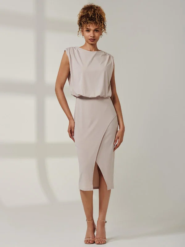 Midi dresses with patchwork patterns for a one - of - a - kind styleKira Tiered Draped Bodycon Dress, Taupe