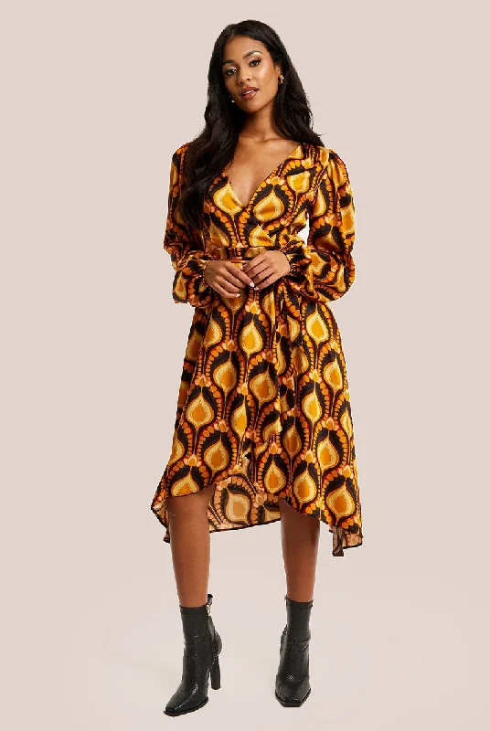 Midi dresses with ruched bodices for a feminine and fitted feelLiquorish Balloon Sleeve Retro Print Midi Fake Wrap Dress