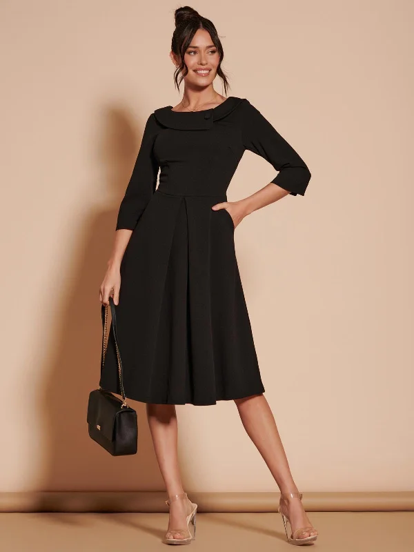 Maxi - inspired midi dresses with flowing fabrics for a beachy vibe3/4 Sleeve Fold Neck Midi Dress, Black Maxi - inspired midi dresses with flowing fabrics for a beachy vibe3/4 Sleeve Fold Neck Midi Dress, Black