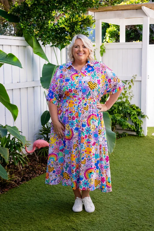 Midi dresses with ruched sleeves for a more fitted and stylish arm lookMaddy Dress in Happy Place by Kasey Rainbow
